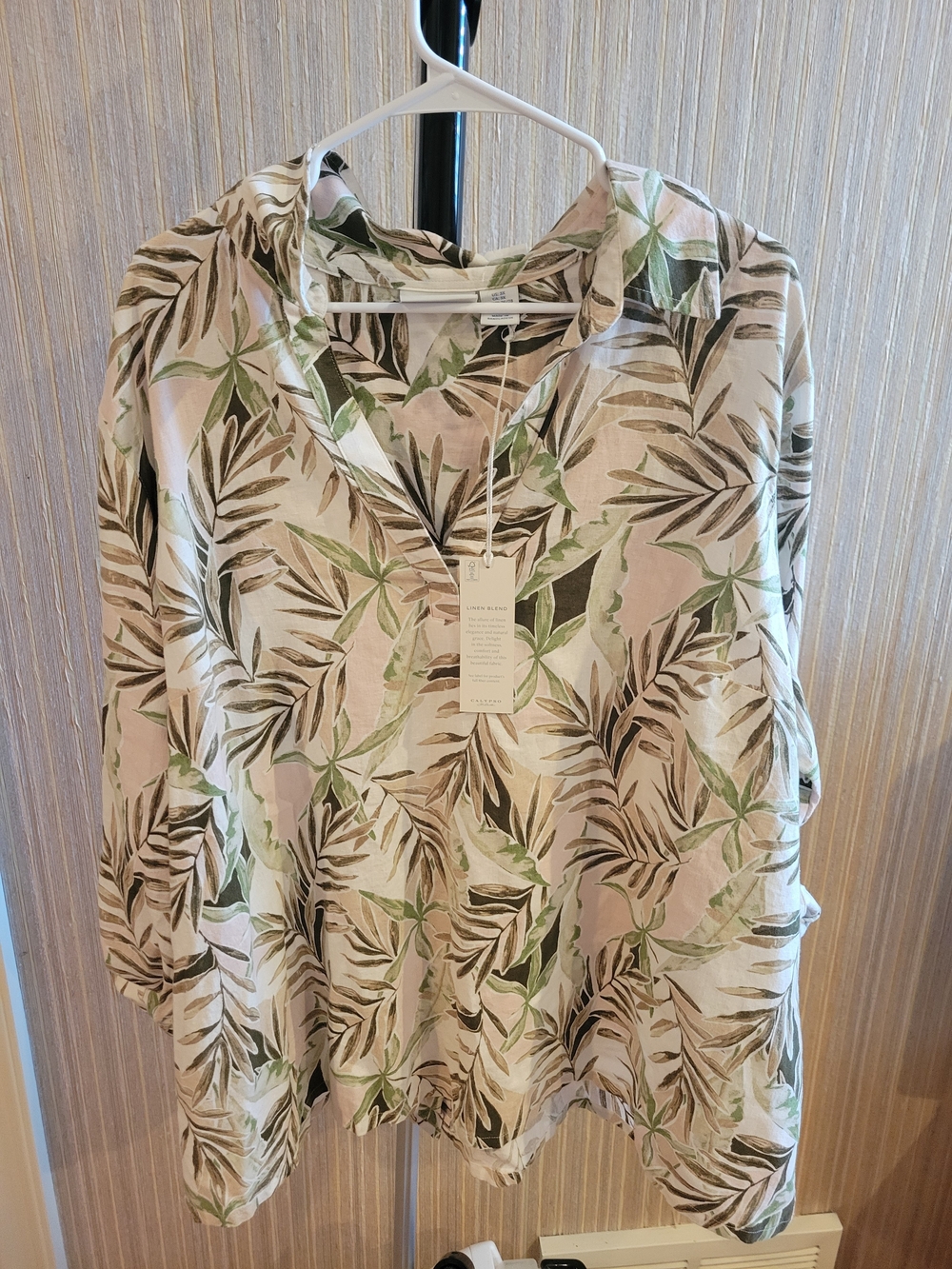 Calypso St. Barth Leaf-Print V-Neck Button Back Tunic Linen Blouse NWT 3X